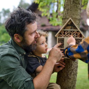 Vater und Kinder beobachten ein Insektenhotel (Foto: Halfpoint - stock.adobe.com).
